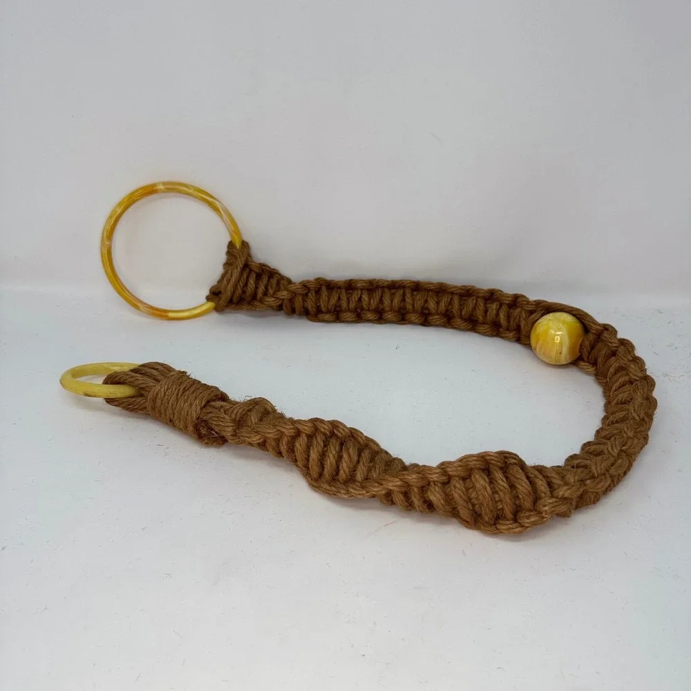 Vintage Macrame Woven Jute Set Green & Yellow Resin Bead Double O-Ring Ends Boho
